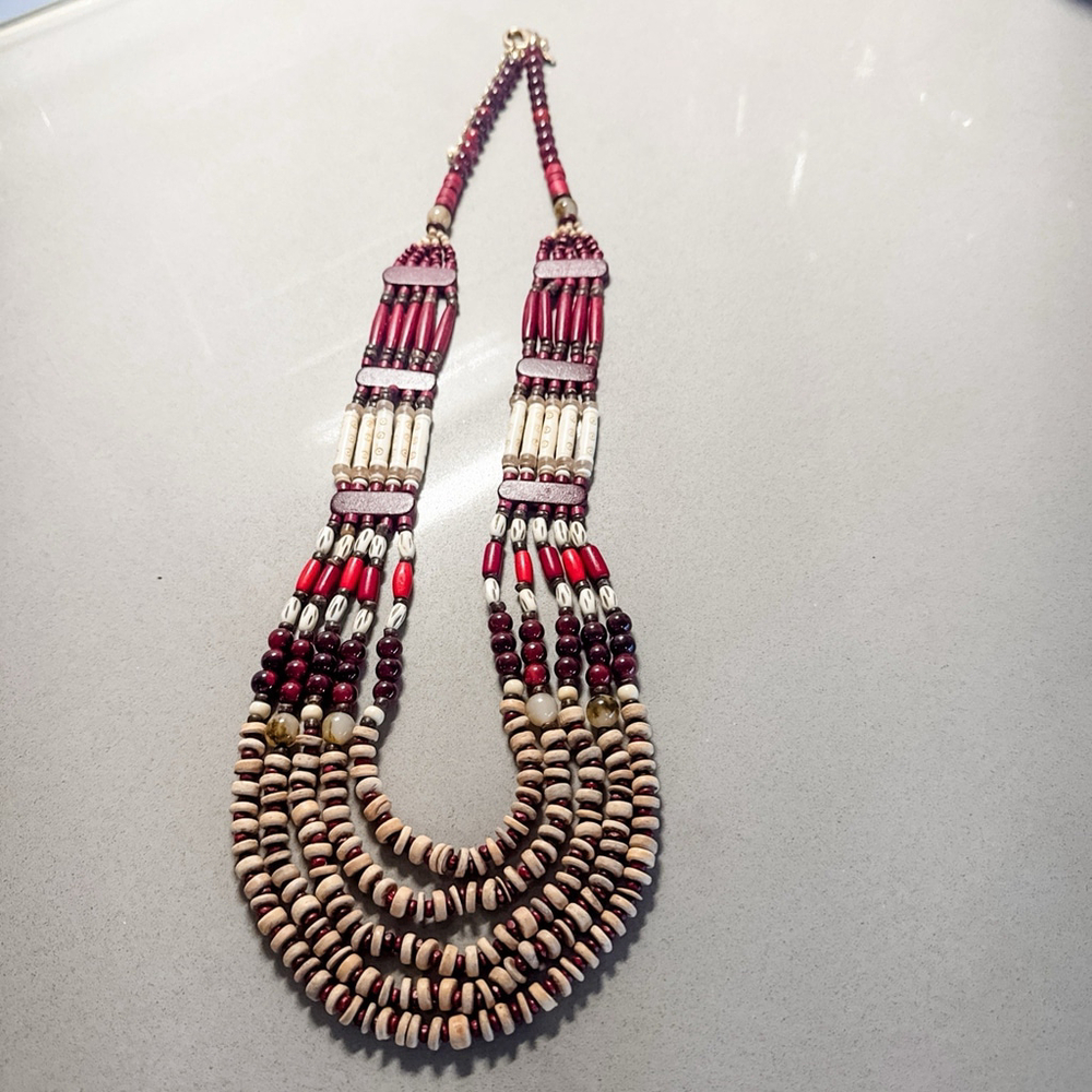 Chicos Multi-Strand Wooden Beaded Bib Necklace Pagi Cherry Style NWT